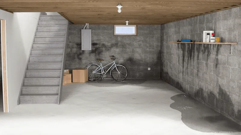 Unfinished basement with visible water intrusion on concrete floor and walls indicating foundation issues