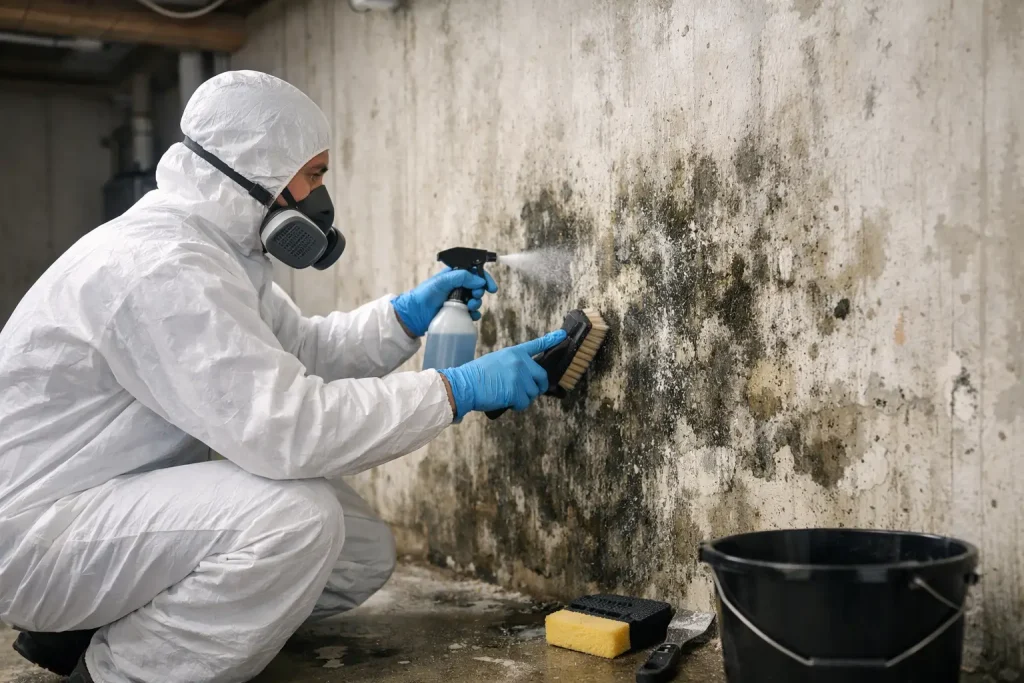 Person in protective gear cleaning mold from a basement wall with a brush and spray bottle, highlighting basement mold removal techniques.